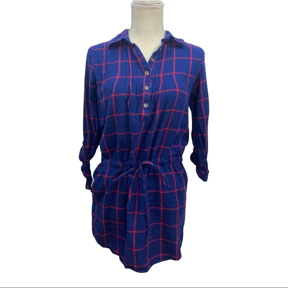 Aina Be Blue/Red Plaid Tshirt Dress Long Sleeve Collared w/ Pockets Sz S
